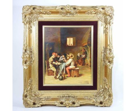 After David Teniers, 20th century, figures playing cards, oil on panel, 31 x 26cm