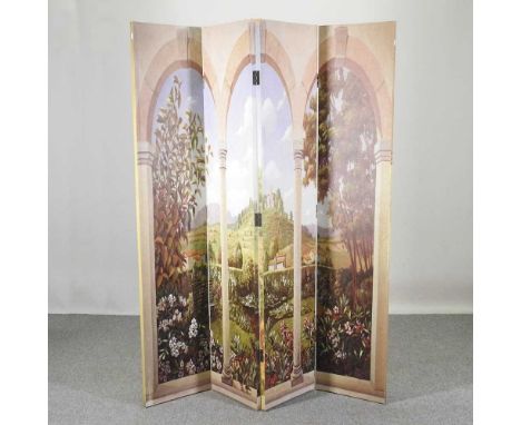 A four-fold dressing screen, decorated with a garden scene, 152 x 180cmOverall condition is complete and usable. There is som