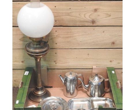 A brass oil lamp and shade, together with various metalwares