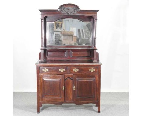 An Edwardian mirror back sideboard, with a shelf back and cupboards below125w x 48d x 196h cm