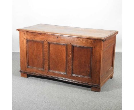 A large 19th century light oak panelled coffer, with a hinged lid123w x 61d x 73h cm