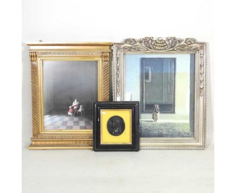 Michael Sowa, b1945, Konig, print, 50 x 39cm, in an archetural style gilt frame, together with painted plaster portrait medal