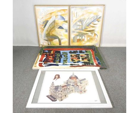 English school, 20th century, abstract, oil on canvas, 113 x 159cm, together with a pair of others, St Paul's Cathedral, prin