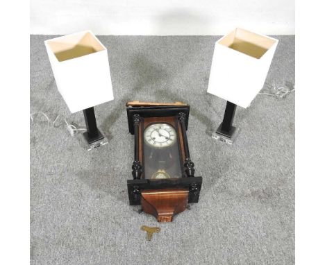 A pair of table lamps, together with a Vienna style clock, 66cm high  (3)