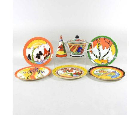 A Clarice Cliff style teapot, together with sugar sifter and five various plates (7)Overall condition is ok, with no damage o