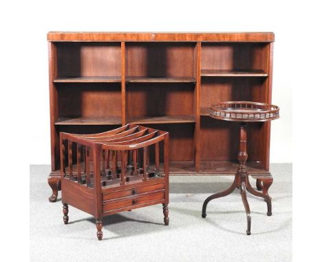 An early 20th century mahogany open bookcase, by Waring &amp; Gillows, together with a canterbury and a tripod table (3)138w 