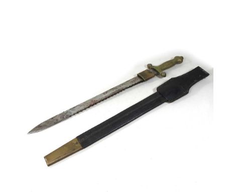 A 19th century sawback sidearm, with gladius style hilt, the crossguard stamped 368, F. Horster, Solingen, 67cm long, in a le