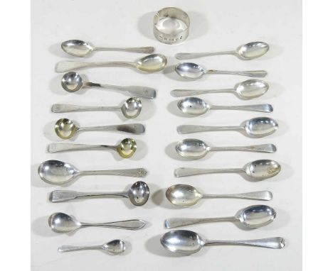 A collection of George III and later silver teaspoons, together with a silver napkin ring, 248g gross