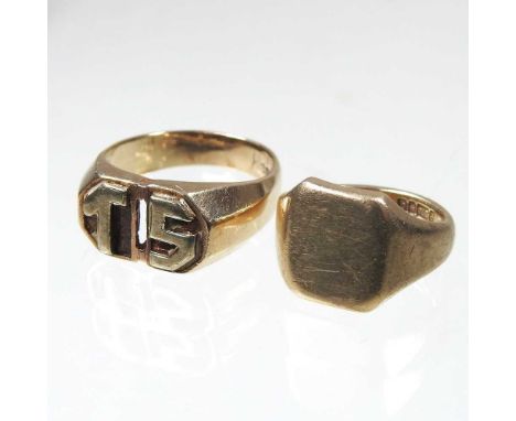 A 9 carat gold signet ring, 8.6g, size N, together with a 9 carat gold signet ring, with initials TS, 7.4g, size T (2)