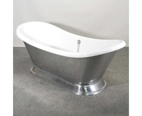 A modern free standing roll top bath, on a chrome pedestal base186w x 79d x 69h cmThis is new and unused and has been stored 