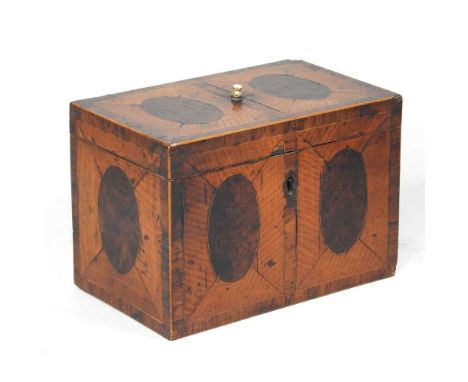 A George III satinwood and yew tea caddy, with a fitted interior, 18cm wide. Note: a non-transferable ivory exemption certifi