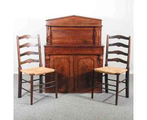A Victorian mahogany chiffonier, together with a pair of rush seated ladder back dining chairs (3)92w x 44d x 121h cm