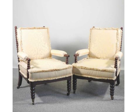 A pair of Victorian bobbin turned armchairs, recently upholstered in yellow, on castors (2)62w x 74d x 96h cmOverall conditio