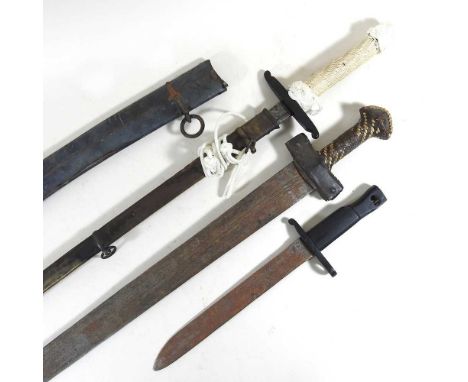 Two swords, longest 98cm, a bayonet and a curved scabbard (4)