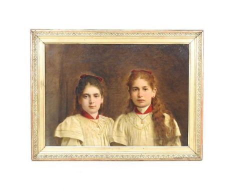 Continental school, portrait of two sisters, over painted photograph, 38 x 54cm