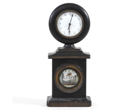 An unusual 19th century mantel clock, with a verge pocket watch movement, 29cm highSome fine cracks in the dial and wear to t
