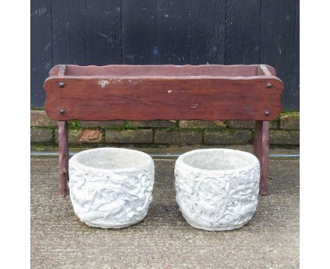 A pair of cast stone garden pots, together with a wooden planter (3)91w x 48h cm