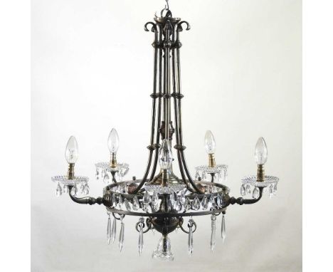A 19th century brass five branch chandelier, suspended with glass lustres, 60cm diameter, together with a collection of spare