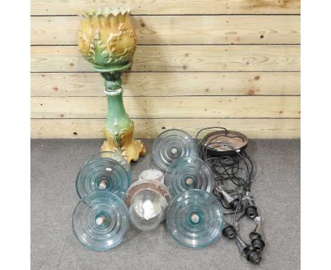 A grey painted metal industrial light, 45cm high, together with a black hanging light and a collection of blue glass industri