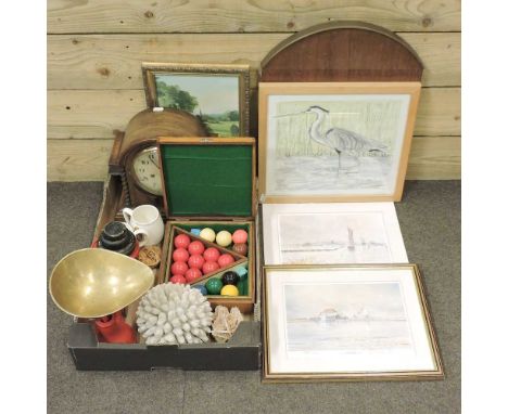 A 1930's mantel clock, together with a set of cast iron kitchen scales, snooker balls, pictures and other items