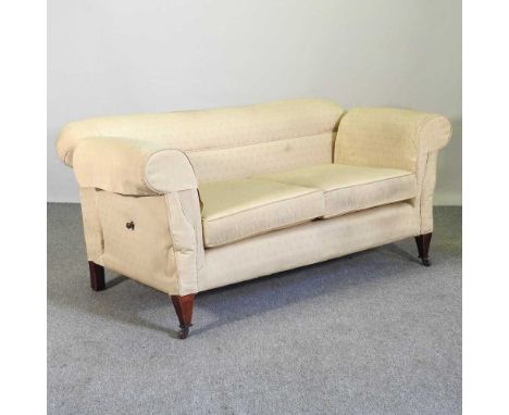 An Edwardian yellow upholstered drop end chesterfield sofa, on tapered legs166w x 79d x 73h cm