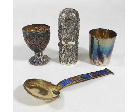 A Norwegian silver gilt and enamelled spoon, by J Tostrup, 44g, 14cm long, together with a continental silver beaker, 39g, 6c