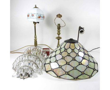 A vintage bronzed desk lamp, 31cm high, together with a brass table lamp and various lights