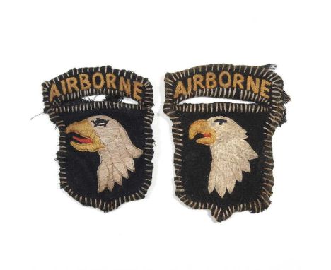A World War II American 101st Airborne screaming eagle military uniform patch, 8 x 6cm, together with another similar (2)
