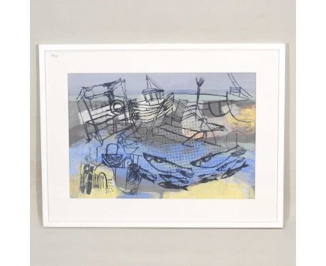 Annabel Ridley, contemporary, Aldeburgh beach, screen print, 44 x 64cm, artist's label to reverse