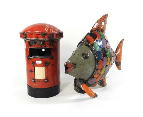 A tin model fish and a painted model of a postbox, 29cm high (2)