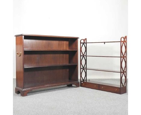 A military style dwarf open bookcase, together with a hanging shelf, with fret carved divisions (2)108w x 28d x 89h cm