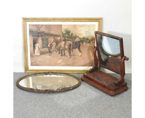 A Victorian mahogany toiletry mirror, together with an oval gilt mirror and a print (3)