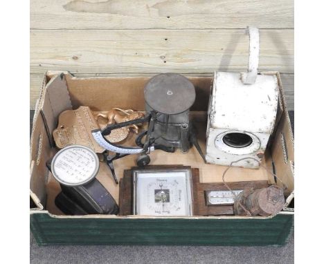 A set of postal scales, together with another set, a railway lantern and a barometer