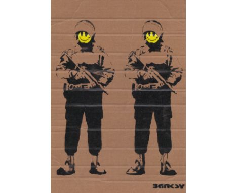 BANKSY DISMALAND (d’Après)PolicemenBombe aérosol et pochoir sur carton, signé et numéroté à 50 exemplaires.Art gratuit de la 