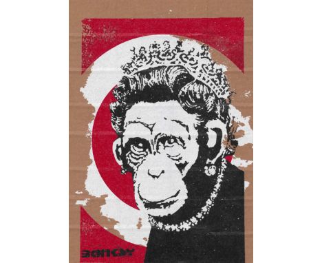 BANKSY DISMALAND (d’Après)Monkey QueenBombe aérosol et pochoir sur carton, signé et numéroté à 50 exemplaires.Art gratuit de 