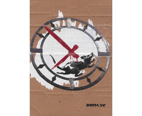 BANKSY DISMALAND (d’Après)Clock RatBombe aérosol et pochoir sur carton, signé et numéroté à 50 exemplaires.Art gratuit de la 