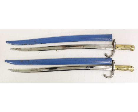 Two French M1866 Chassepot Yataghan Sword Bayonets, each with 57.5cm T section steel blade later silver plated, one bearing t