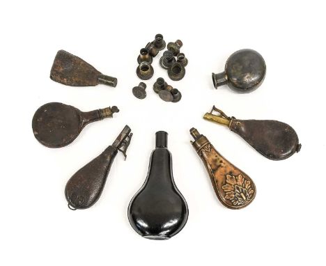 A 19th Century Copper Powder Flask, embossed with oak leaves, the brass charger with external steel spring; also, two painted