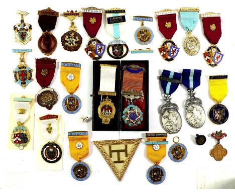 A Collection of Twenty Four Masonic Jewels, mainly to the Royal Masonic Benevolant Institute Stewards badges in gilt metal an