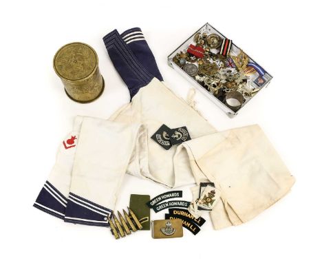 A Quantity of Militaria, including British Second World War and post-War buttons, cap badges, glengarry badges cloth shoulder