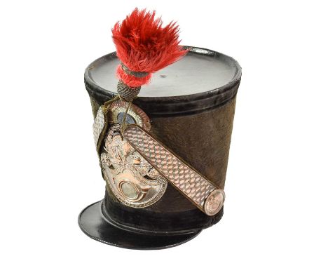 A French 1830 Revolution Model Shako to d'Officer de Chasseur de La Garde Nationale, with black patent leather top and peak, 