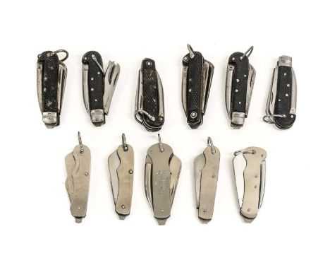 A Collection of Six British Folding Pocket Knives, each with a blade, tin opener and marlin spike, with chequered black plast