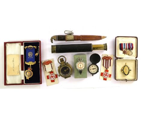 A Small Quantity of Militaria, including a 9 carat gold and enamel RAOB breast jewel, 22gms, a brass prismatic marching compa