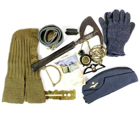 A Small Quantity of Second World War Accoutrements, comprising an RAF officer's side cap with gilt brass badges, a pair of bl