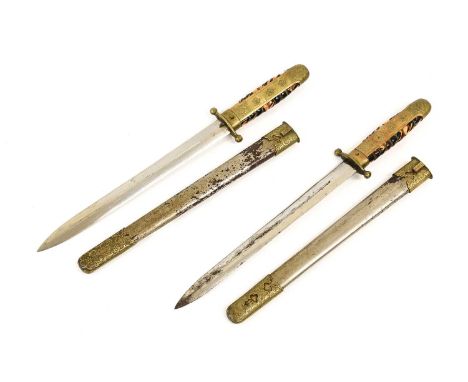 A Pair of Chinese Republic Kuomintang Army Officer's Dress Daggers, each with 25cm double edge steel blade with a narrow full