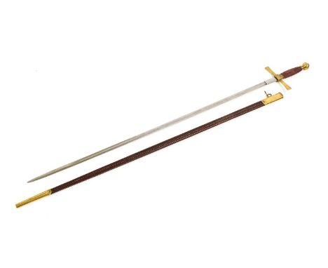 A Fraternity Type Sword, with 80cm single edge plain fullered steel blade, brass cruciform hilt with maroon cord bound grip a