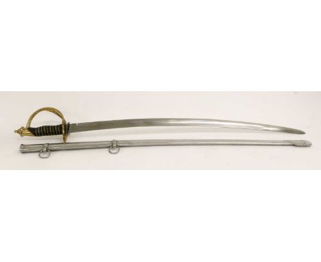 A Copy of a French Cuirassier Sword, with brass three bar hilt and steel scabbard; three Fencing Foils, one by Leon Paul, eac