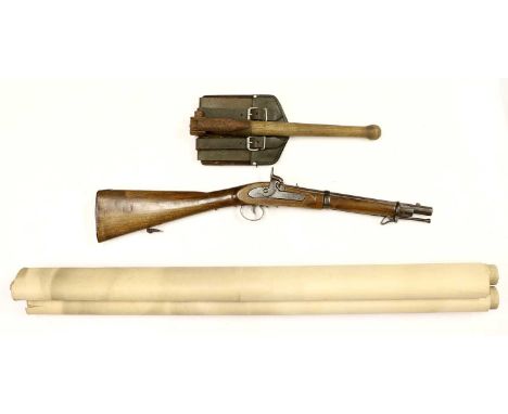 A 19th Century Two Band Percussion Carbine, the 36cm octagonal steel barrel with V rear sight, the foliate engraved lock plat