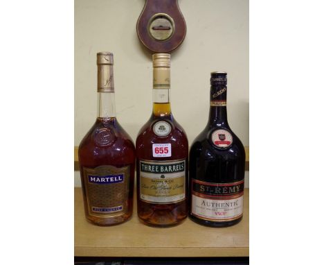 Three 1 litre bottles of brandy, comprising: Three Barrels VSOP; St Remy VSOP; and Martell VS cognac. (3) 