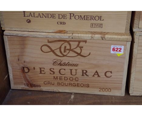 A case of twelve 75cl bottles of Chateau d'Escurac,&nbsp;2000, in owc. (12)PLEASE NOTE: ADDITIONAL VAT ON THE HAMMER PRICE. 